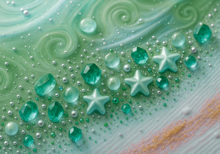 abstract background with green and turquoise water and soap bubblesの素材