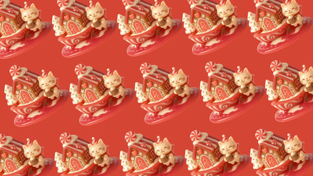 Seamless pattern with Chinese paper-cut cats on red backgroundの素材