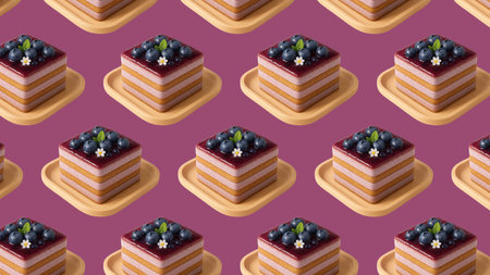 Seamless pattern of cakes with blueberries on a pink backgroundの素材