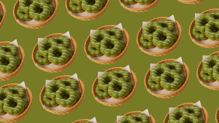 Seamless pattern with glazed donuts in wicker baskets on green backgroundの素材