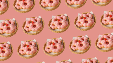 Seamless pattern with pink donuts in a basket on pink backgroundの素材