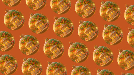 Seamless pattern with christmas balls and houses on orange backgroundの素材