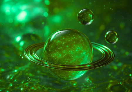 3d rendering of a green planet in a stream of water.の素材
