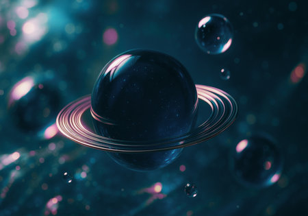 Abstract 3d illustration of planet in space with rings and stars.の素材