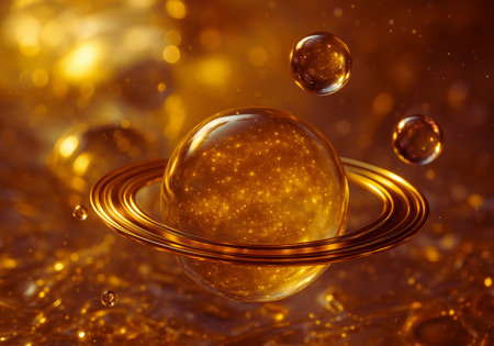 3d illustration of abstract background with golden rings and water drops.の素材