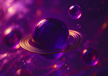 3d illustration of planet in space with rings and nebulaeの素材