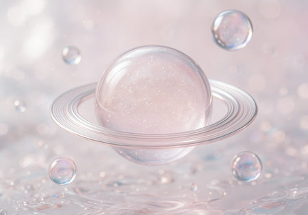 Water drops and soap bubbles on a soft pastel pink background.の素材