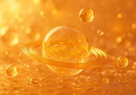Falling gold bubbles in water. Abstract background. 3d renderingの素材