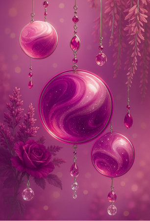 3d illustration of abstract background with pink and purple glass balls and flowersの素材