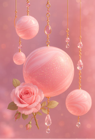 Christmas background with pink balls and pink rose. 3d illustration.の素材