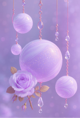 Purple background with glass balls and pink rose. 3d renderingの素材