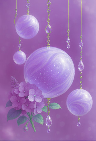 Purple abstract background with hanging balls and flowers. 3d illustrationの素材