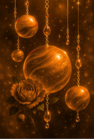 3d illustration of Christmas balls and rose on a dark background.の素材