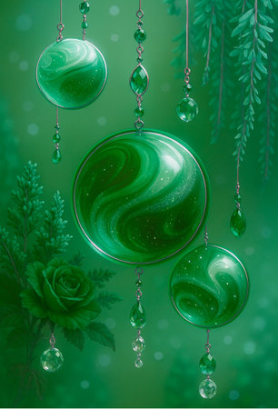 green background with glass balls, green leaves and beads on a green backgroundの素材