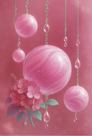 Christmas balls with flowers and beads on a pink background. 3d illustrationの素材