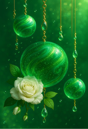 Green glass balls with white rose on green background. 3D renderingの素材