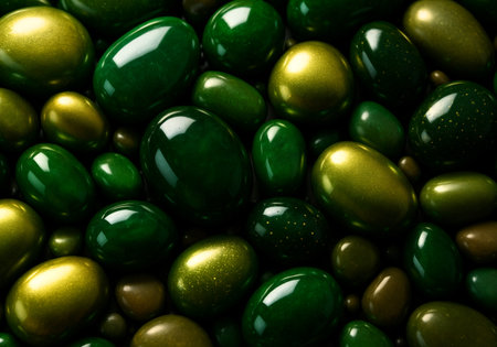 Close-up of green and yellow easter eggs as background.の素材