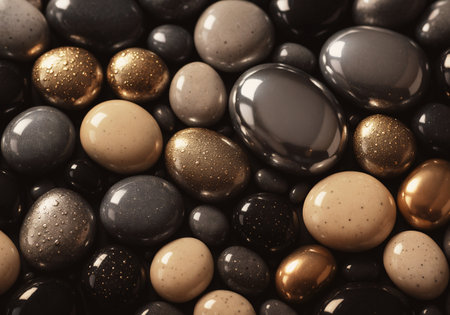 Closeup of black and brown stones with golden glitter. Selective focus.の素材