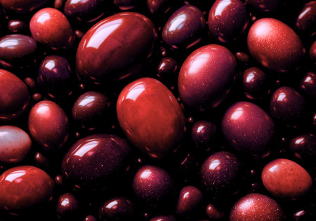 Colorful chocolate easter eggs background. Top view. Toned.の素材