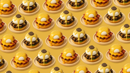 Seamless pattern with hamburgers and mushrooms on a yellow background.の素材