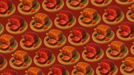 Seamless pattern of baked meat with olives on a red backgroundの素材