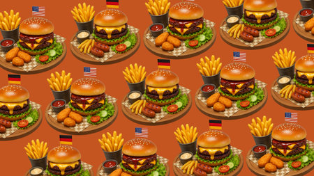Seamless pattern with burgers and french fries on a brown backgroundの素材