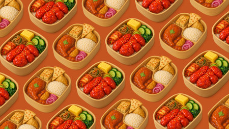 Seamless pattern of delicious Chinese food in a bamboo container.の素材