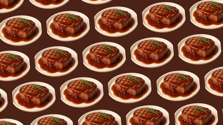 Seamless pattern with steaks and sauce on brown background.の素材