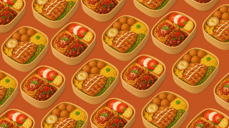 Seamless pattern with delicious food in wooden boxes on orange background.の素材