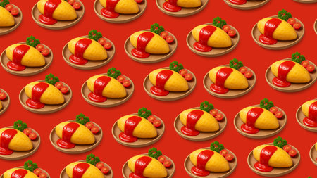 Seamless pattern with delicious nachos and ketchup on red backgroundの素材