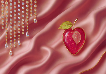 Red apple and pearls on satin background. 3d illustrationの素材