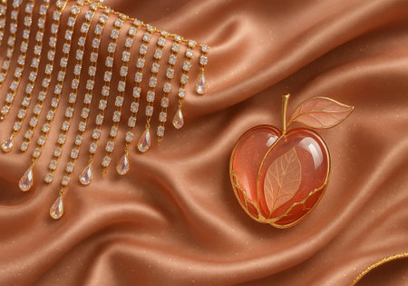 3d illustration of red apple and pearls on satin backgroundの素材