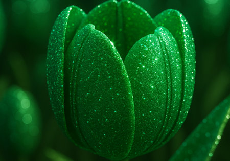 Green tulip with dew drops on the petals close upの素材