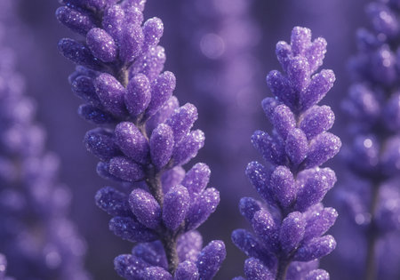 Purple lavender flowers with dew drops in the morning.の素材