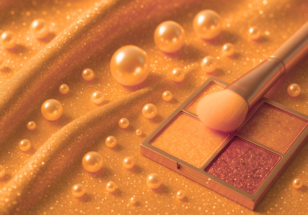 eyeshadow palette and pearls on a gold background closeupの素材
