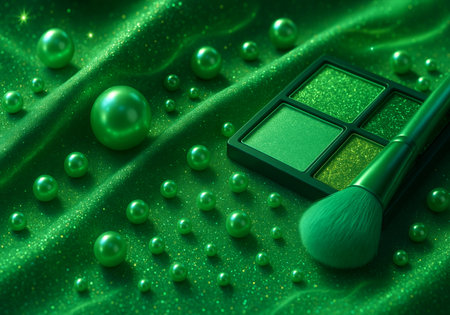 Cosmetic set on green satin background with pearls, close upの素材
