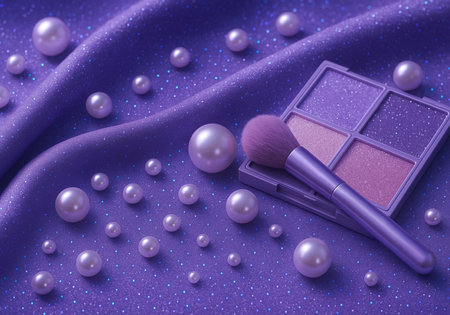 Purple background with cosmetic products and pearls, close-upの素材