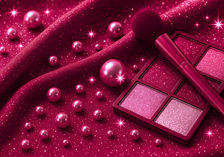 Cosmetic branding, fashion blog cover and girly glamour concept - Eyeshadow palette and make-up brush on red glitter background, eye shadows cosmetics product as luxury beauty brand holiday designの素材