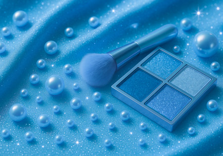 Blue eye shadow palette and brush on blue background with water drops.の素材