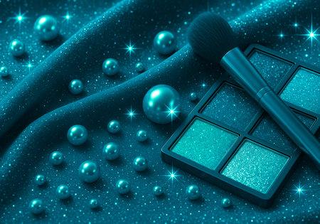 Cosmetic set on blue silk background with pearls, 3d illustrationの素材