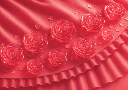Valentine's day background. Red roses on a red satin fabric.の素材
