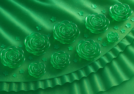Green satin fabric with flowers. 3d rendering, 3d illustration.の素材