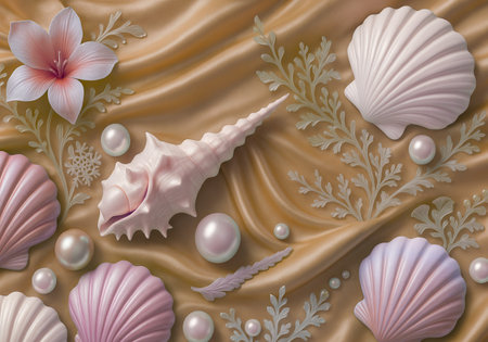 Seashells and pearl on satin background. 3d illustrationの素材