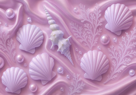 Seashells and pearls on pink background. 3d illustrationの素材