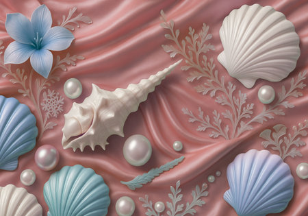 3d illustration of a pink background with pearls and seashellsの素材