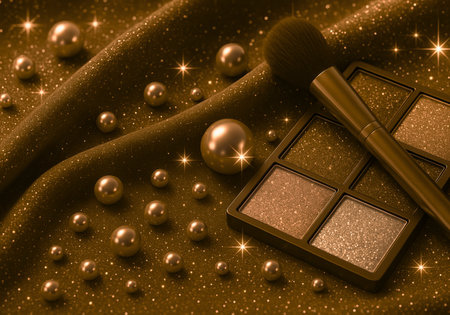 Cosmetic branding, mua and girly glamour concept - Eyeshadow palette and make-up brush on gold glitter background, eye shadows cosmetics product for luxury beautyの素材