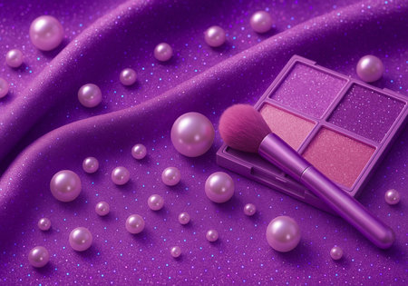 Cosmetics on a purple satin background with pearls and pearlの素材