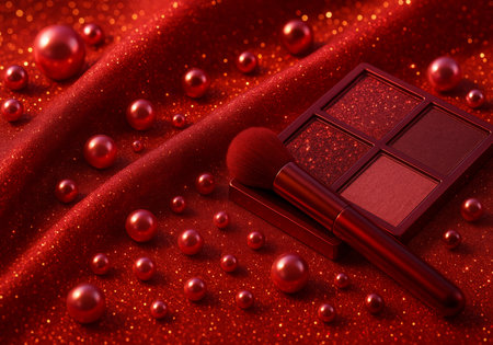 Cosmetic branding, mua and girly glamour concept - Eyeshadow palette and make-up brush on red glitter background, eye shadows cosmetics product as luxury beauty brand holidayの素材