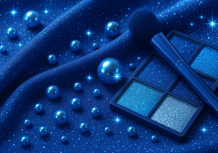 Cosmetic background: eye shadows, powder and pearls on blue silkの素材