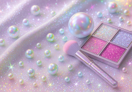 Makeup and cosmetics on the background of a fabric with pearlsの素材